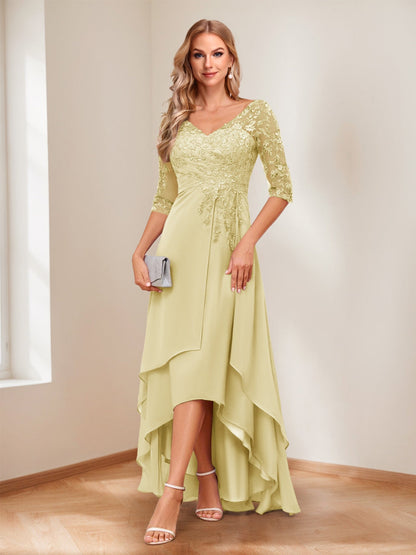 A-Line V-Neck Half Sleeves Asymmetrical Mother of the Bride Dress