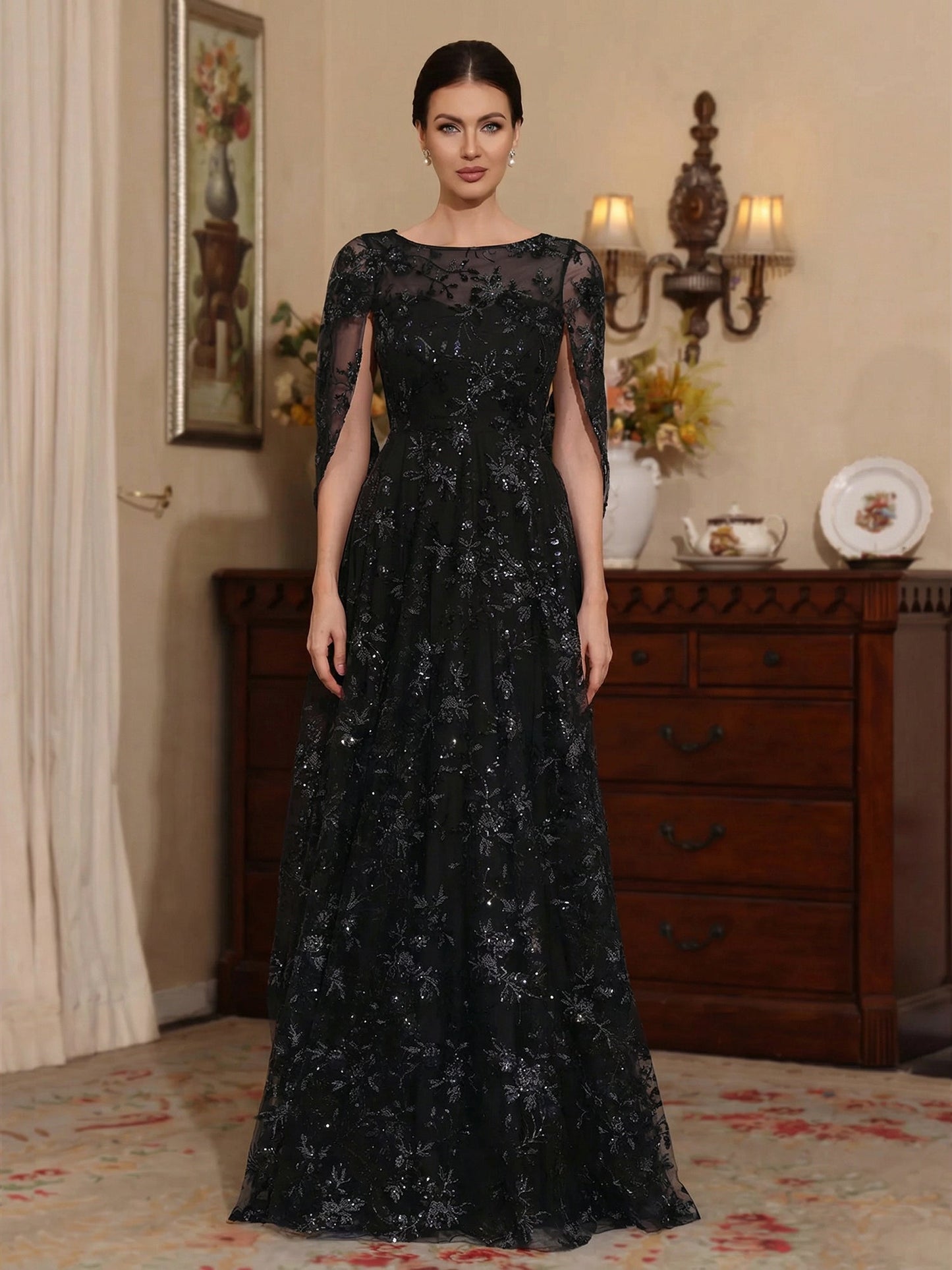 A-Line/Princess Scoop Sequins Lace Mother of the Bride Dress