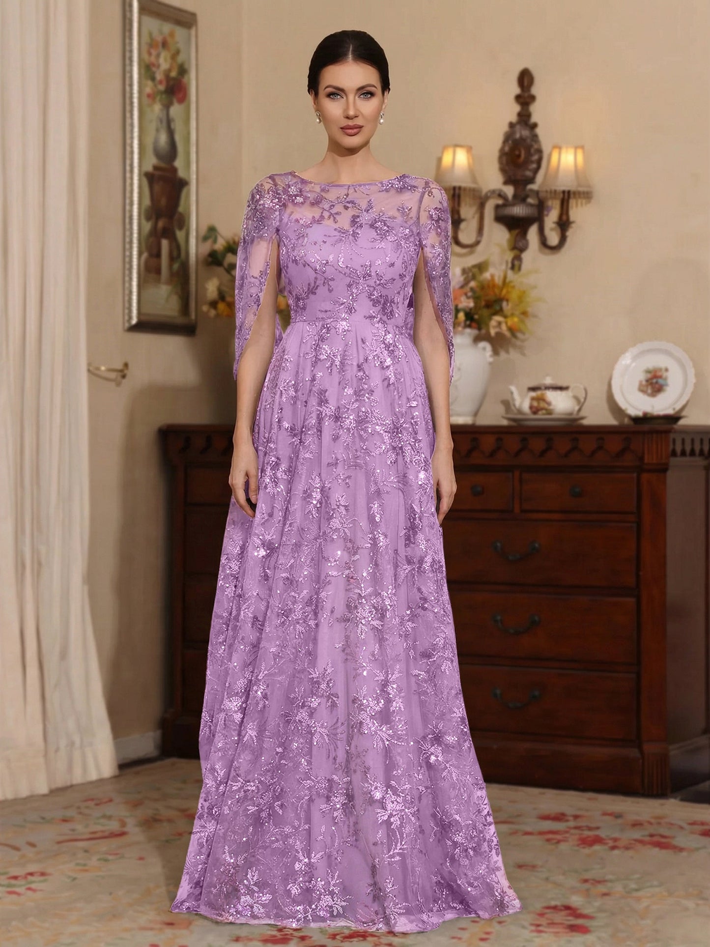 A-Line/Princess Scoop Sequins Lace Mother of the Bride Dress