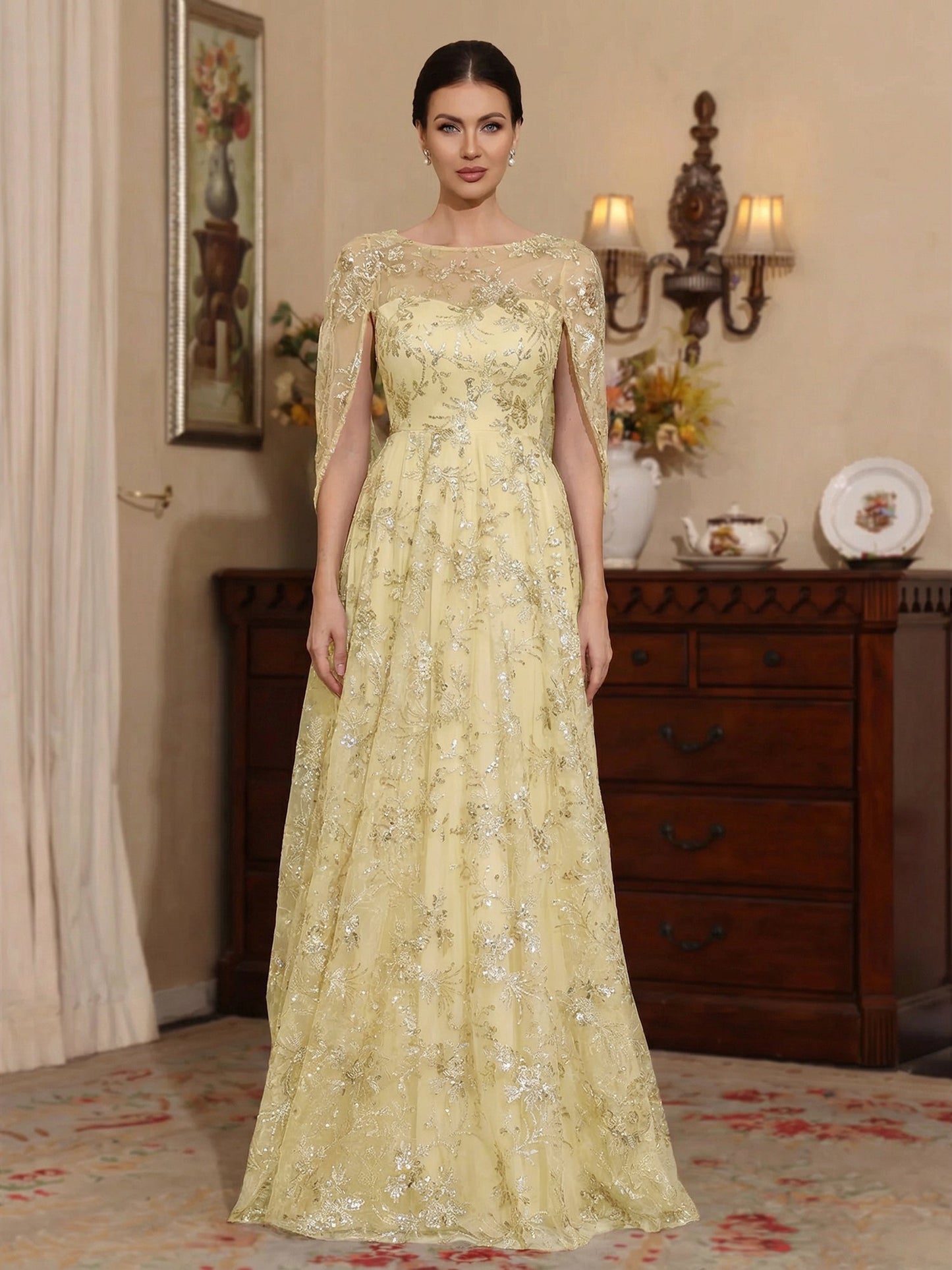 A-Line/Princess Scoop Sequins Lace Mother of the Bride Dress