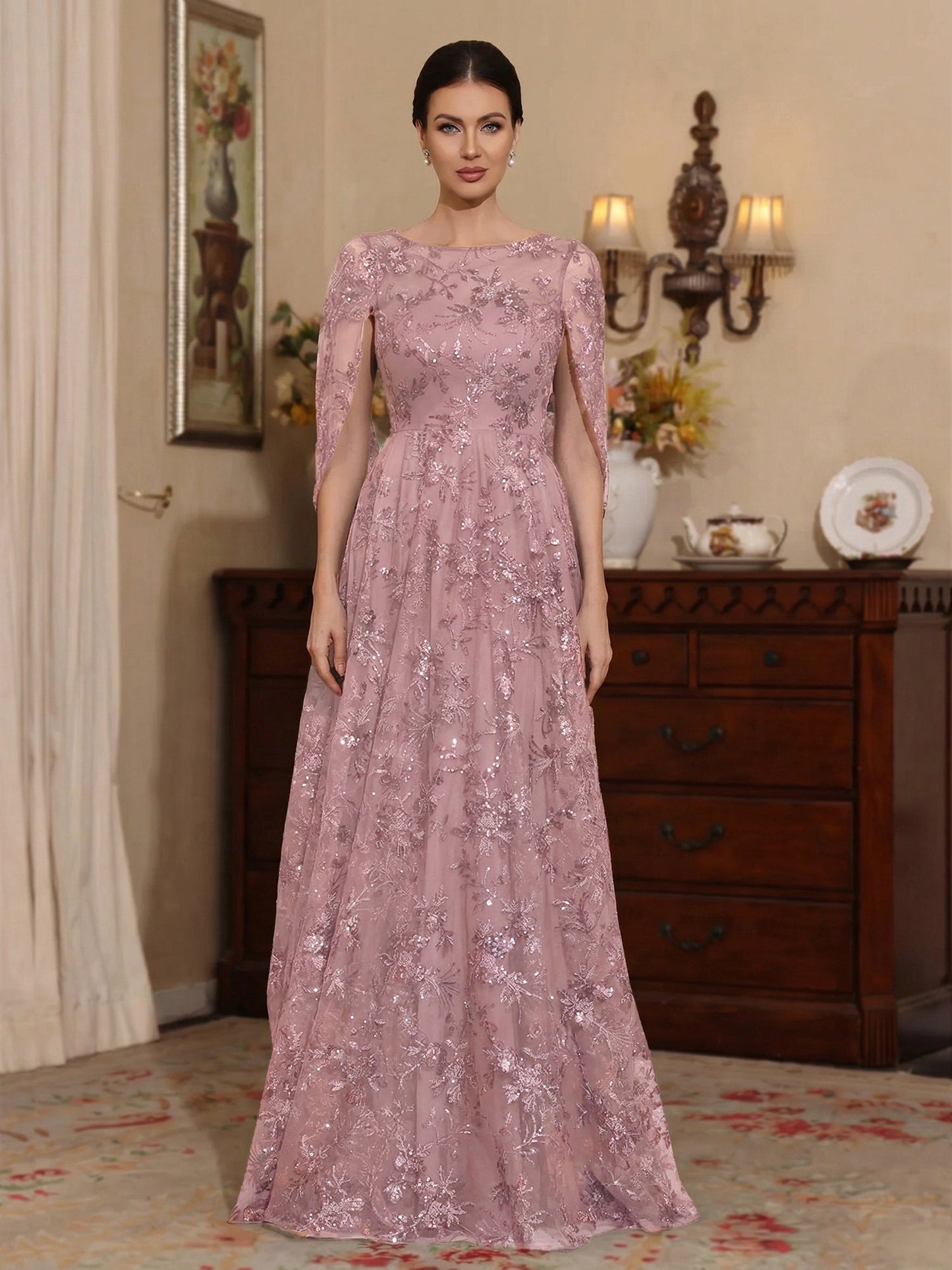 A-Line/Princess Scoop Sequins Lace Mother of the Bride Dress