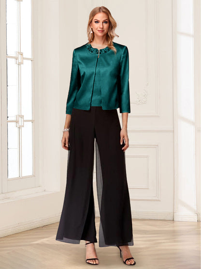 Scoop Long Sleeves 3 Pieces Pantsuits with Beading