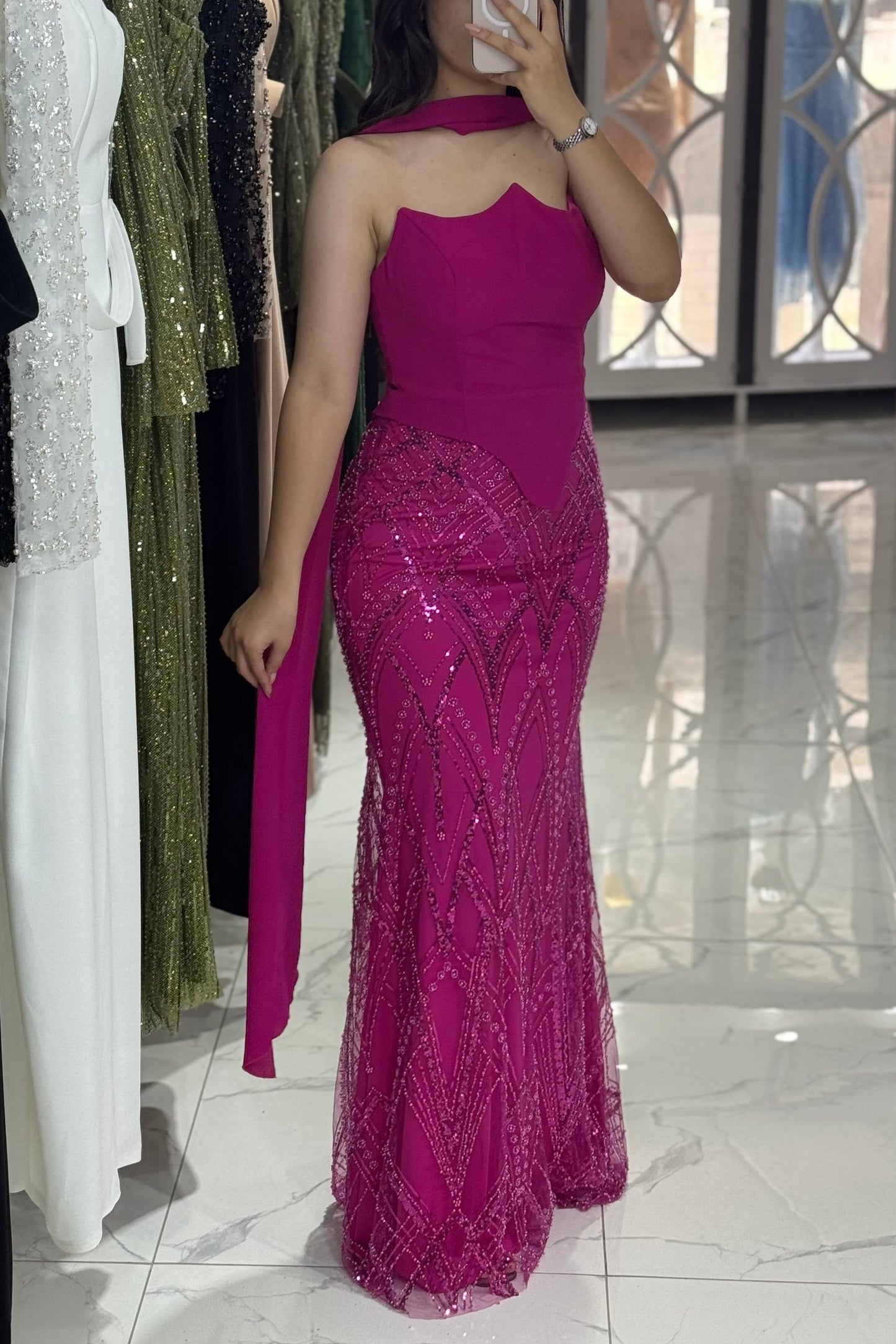 Fuchsia Asymmetrical Neck Sheath Sleeveless Evening Dress