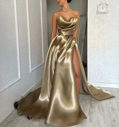 Chic Strapless Split Pleated Prom Dress