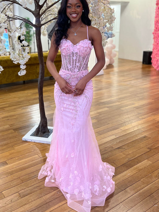 Pink Mermaid Sweetheart Spaghetti Straps Prom Dress
