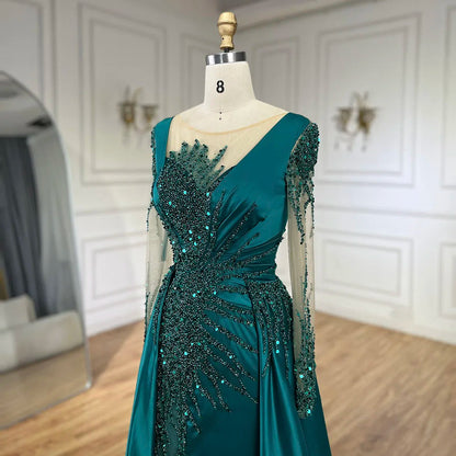 Luxury Dubai Green Mermaid Lace Beaded Satin Evening Dresses Formal Gowns