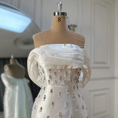 Blue Beaded Crystal Ankle-Length Mermaid Satin Evening Dress Gown for Party