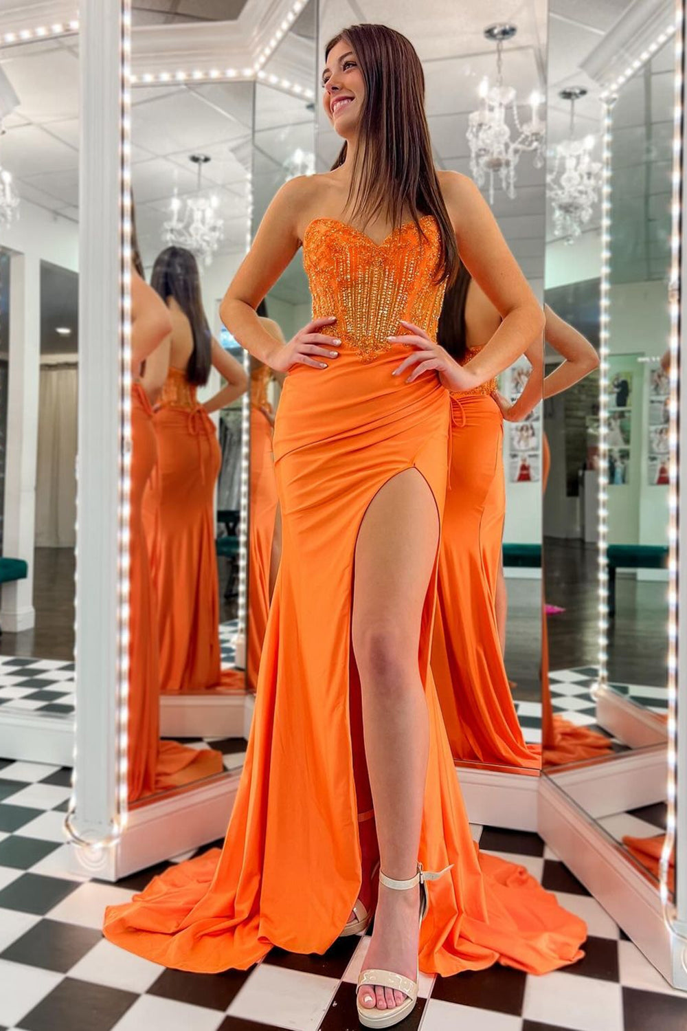 Charming Mermaid Sweetheart Orange Satin Long Prom Dress