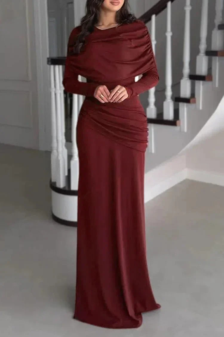 Patchwork Round Neck Long Sleeve Ruched Slim Fit Maxi Dresses