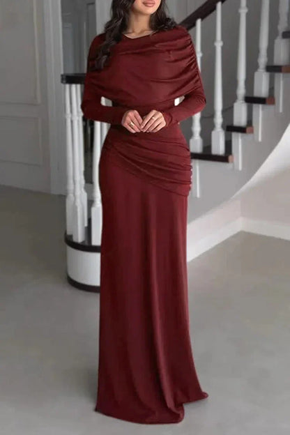 Patchwork Round Neck Long Sleeve Ruched Slim Fit Maxi Dresses