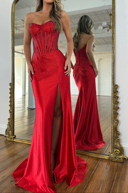 Mermaid Scoop Neck Red Hot Fix Satin Prom Dress with Slit