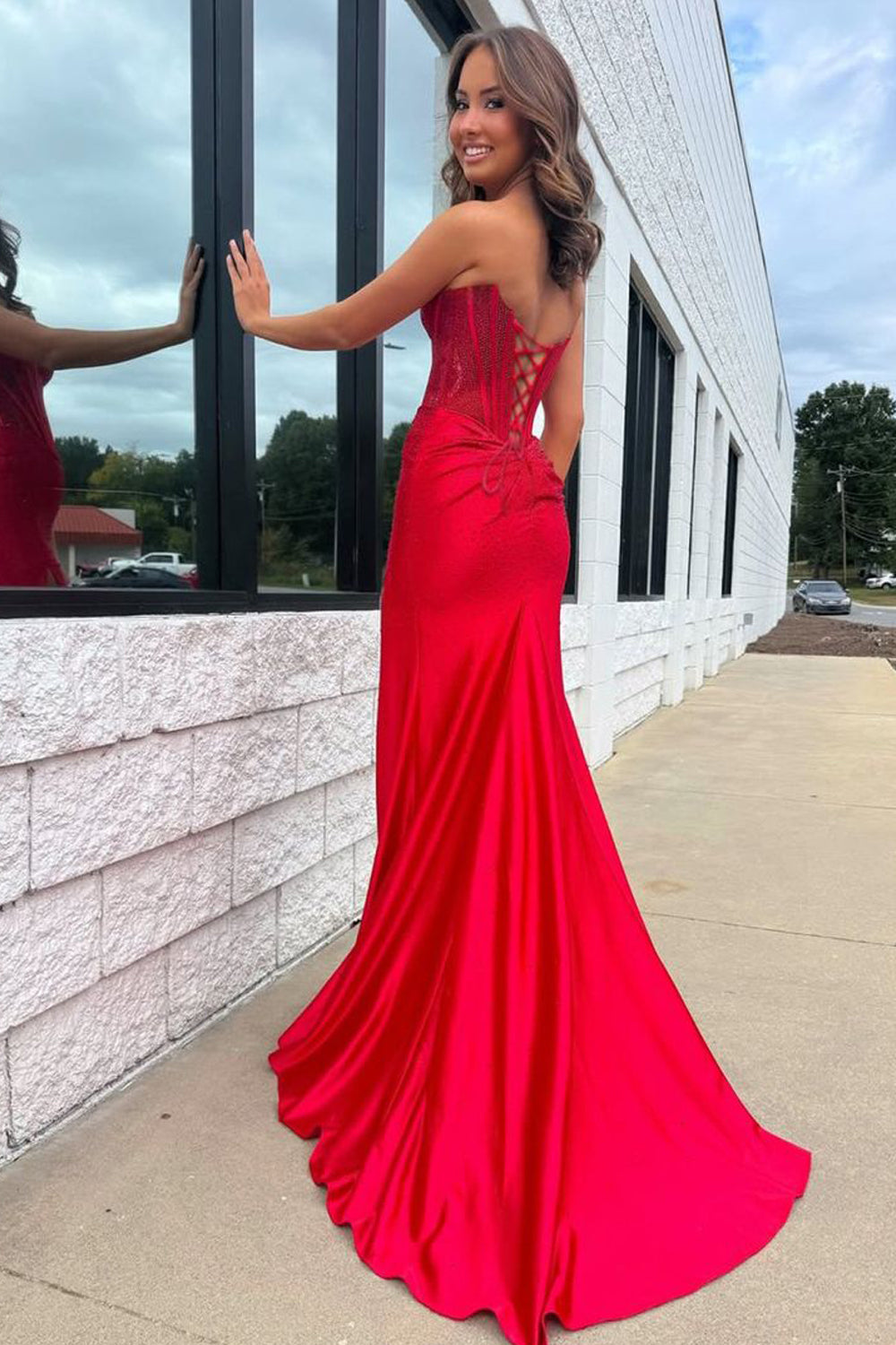 Mermaid Scoop Neck Red Hot Fix Satin Prom Dress with Slit