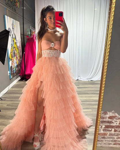 Pearl Pink Lovely Tulle Strapless Bow-knot Prom Dress