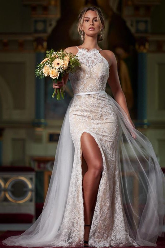 Halter-Neck Sleeveless Lace Applique Slit Wedding Dress