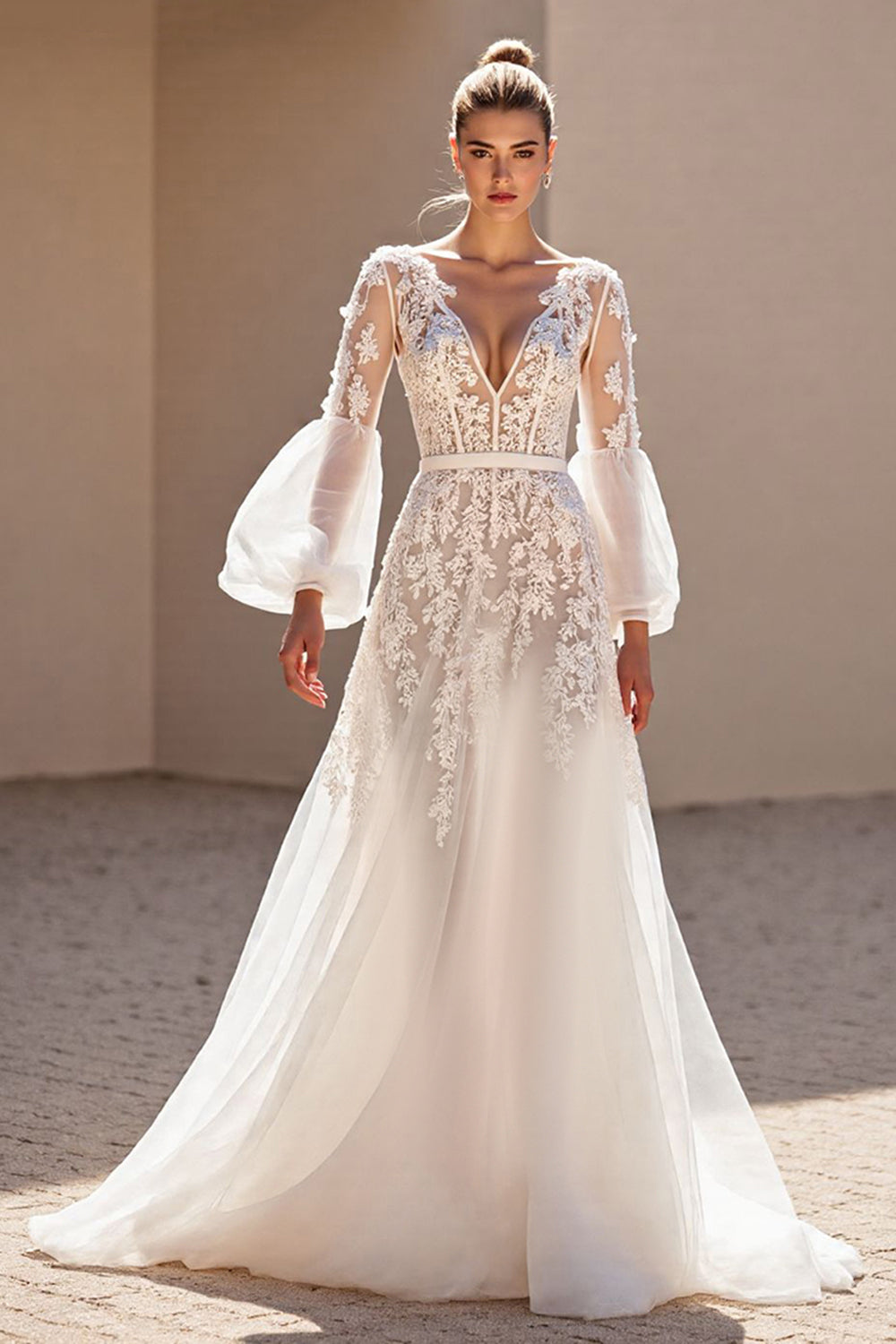 Long Sleeves V-Neck Tulle Bridal Dress A-Line With Lace