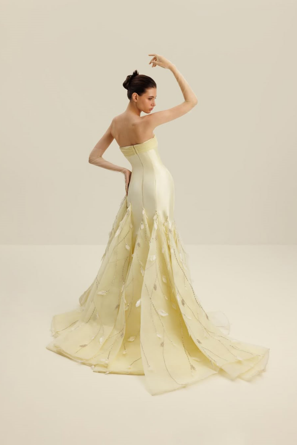 Light Yellow Strapless Mermaid Prom Dress With Feathers XJ0186