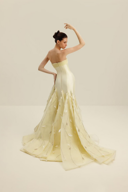Light Yellow Strapless Mermaid Prom Dress With Feathers XJ0186
