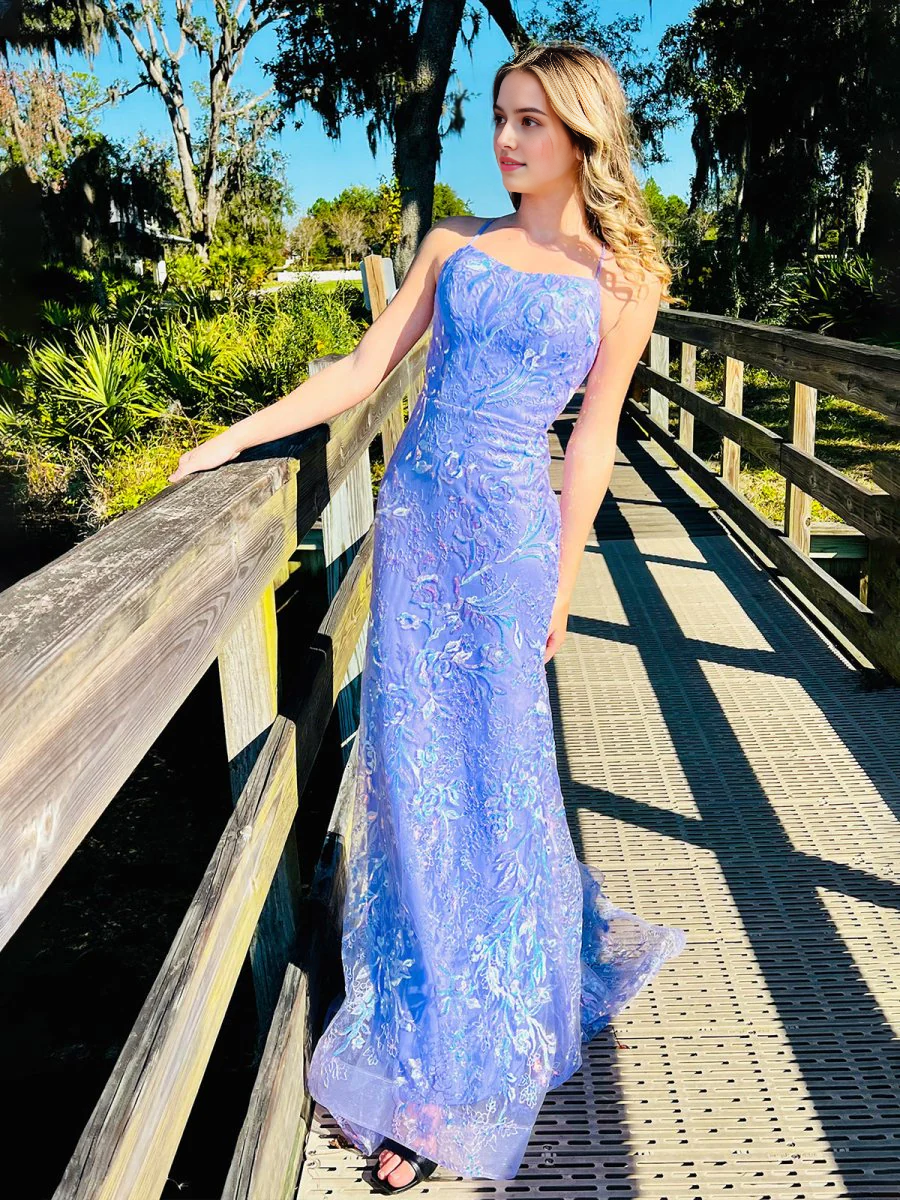 Sparkle Formal Lace Sequin Mermaid Spagehtti Straps Sleeveless Backless Long Prom Dress