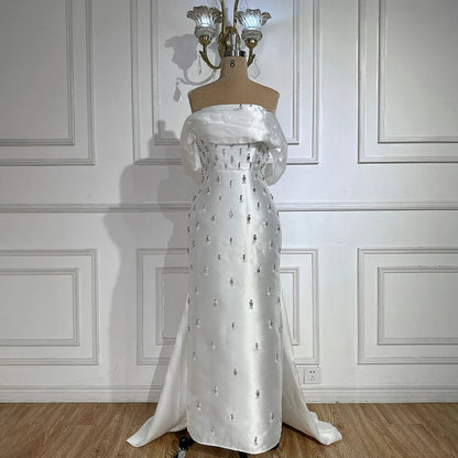 Blue Beaded Crystal Ankle-Length Mermaid Satin Evening Dress Gown for Party