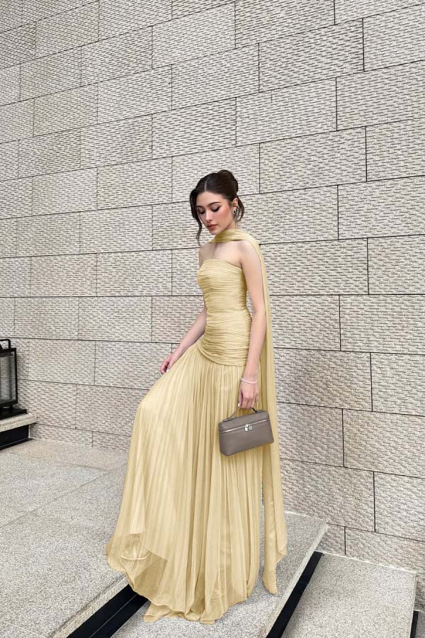 Chiffon Strapless Sleeveless Long Pleated A-Line Prom Dress With Ruffles