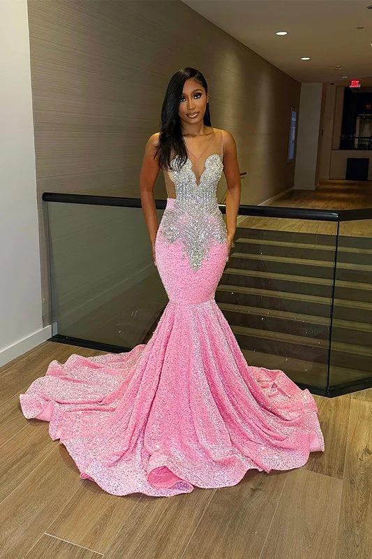 Pink Evening Dress Sleeveless Sequins Mermaid Long Slit