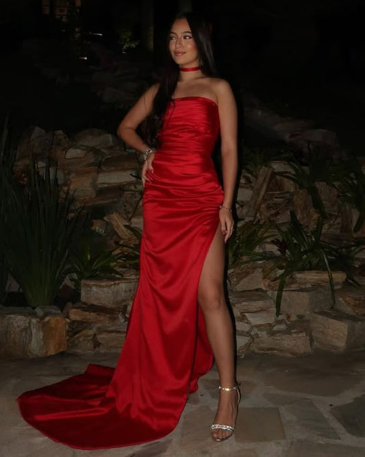 Gorgeous Mermaid Strapless Red Satin Slit Prom Dress
