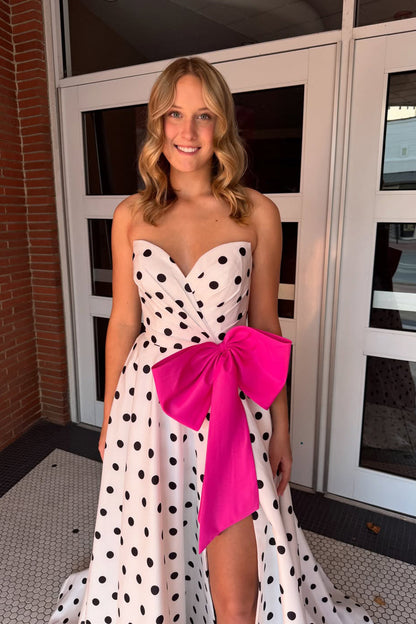 A Line Sweetheart Black Dot Floral Satin Prom Dress with Bow