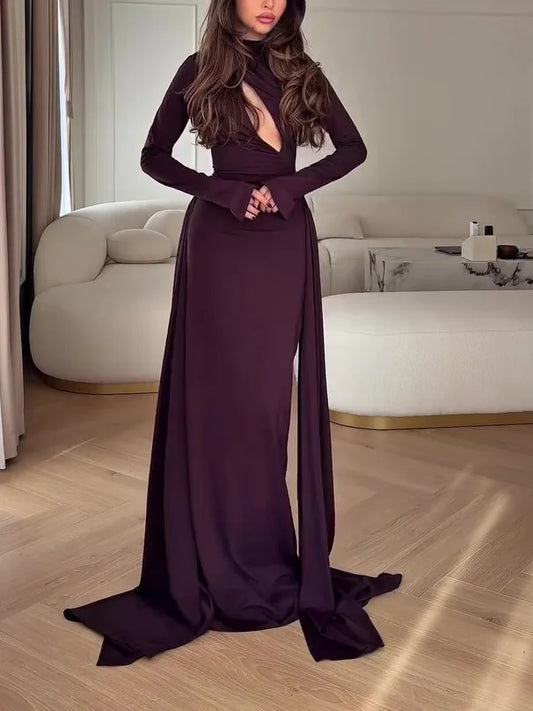 High-Neck Long-Sleeves Fitted Evening Dress Floor-Length Pleated Chiffon Slit Formal Gowns