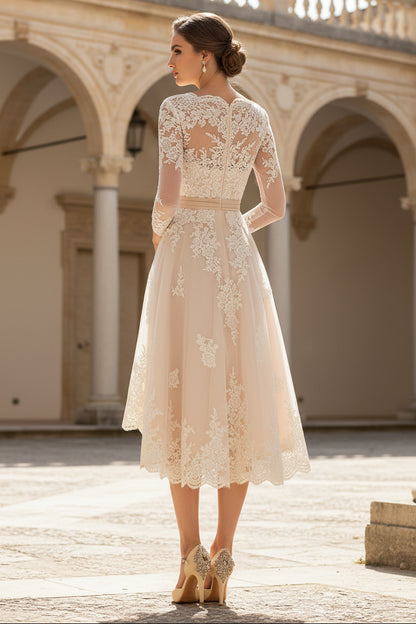 V-Neck 3/4 Length Sleeves Asymmetrical Wedding Dress
