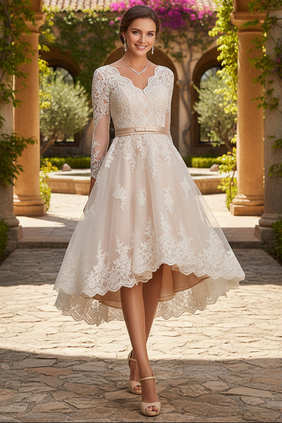 V-Neck 3/4 Length Sleeves Asymmetrical Wedding Dress