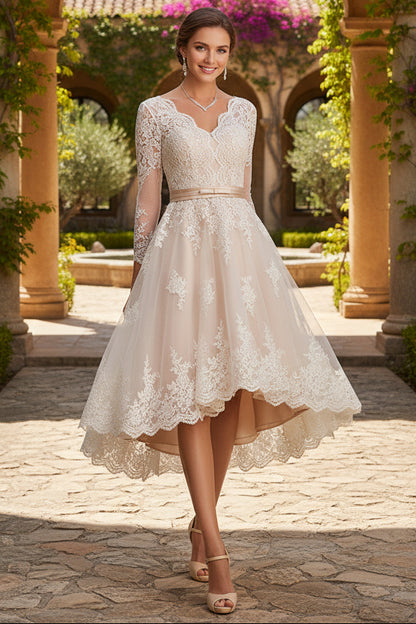 V-Neck 3/4 Length Sleeves Asymmetrical Wedding Dress