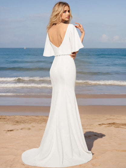 Trumpet V-Neck Half Sleeves Floor-Length Wedding Dress