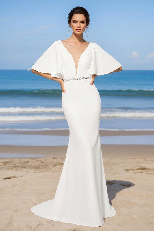 Trumpet V-Neck Half Sleeves Floor-Length Wedding Dress