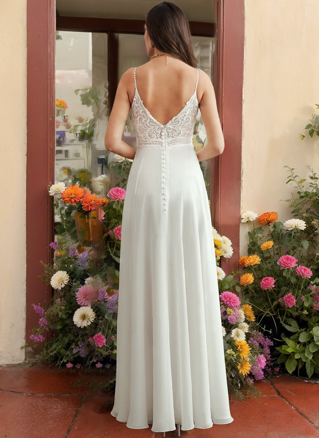Spaghetti Straps V-Neck Sleeveless Wedding Dresses with Appliques & Split Side