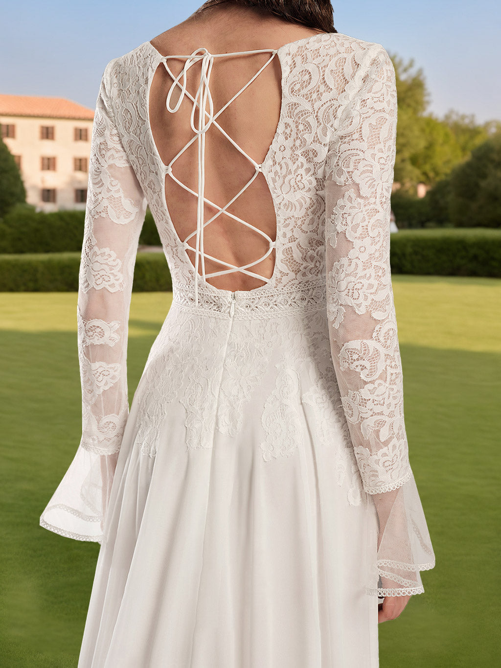 Deep V-Neck Long Sleeves Floor Length Wedding Dress