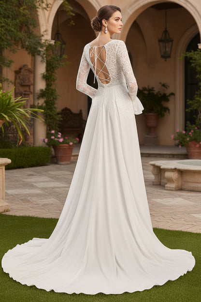 Deep V-Neck Long Sleeves Floor Length Wedding Dress