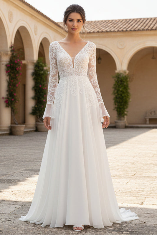 Deep V-Neck Long Sleeves Floor Length Wedding Dress