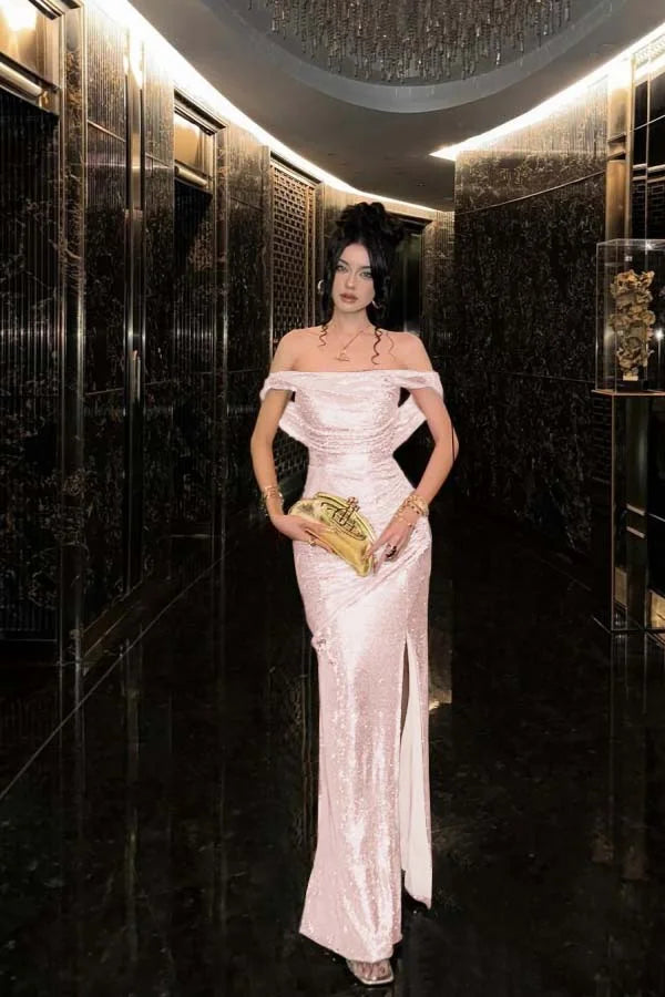 Champagne Solid Sequins Split Prom Dress