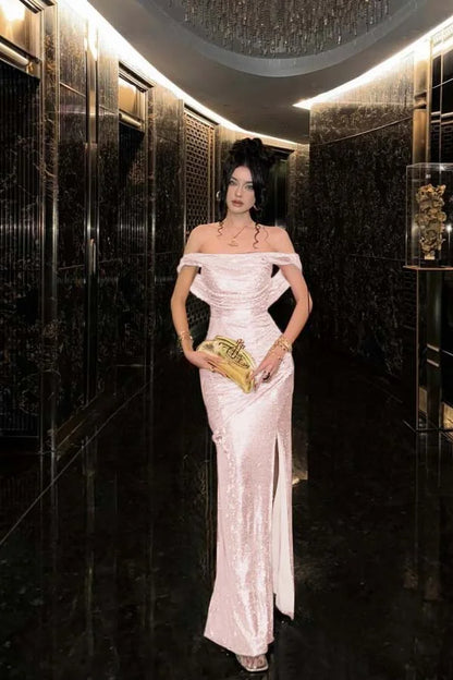 Champagne Solid Sequins Split Prom Dress