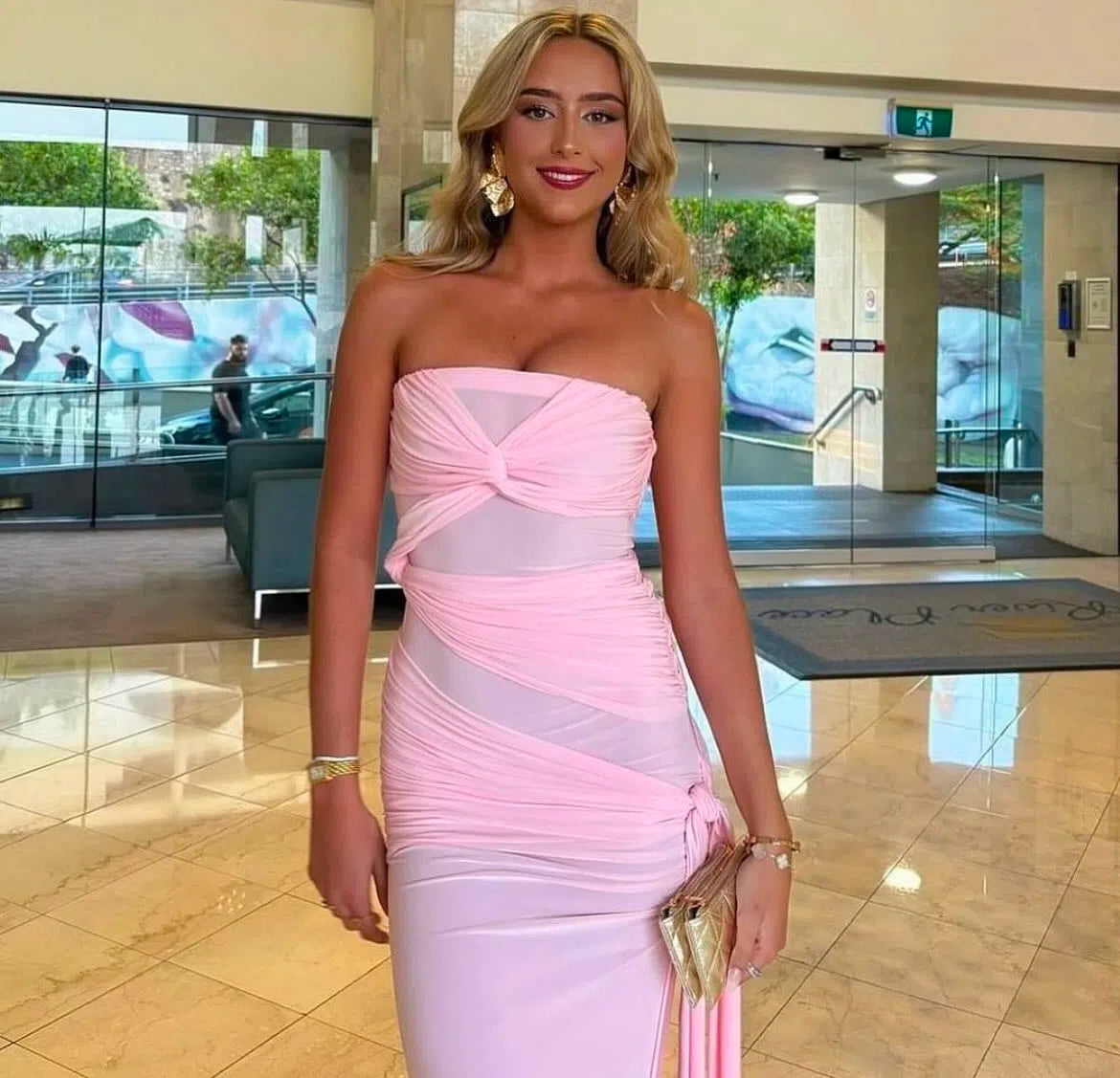 Pink Tube Top Ruched Prom Gown