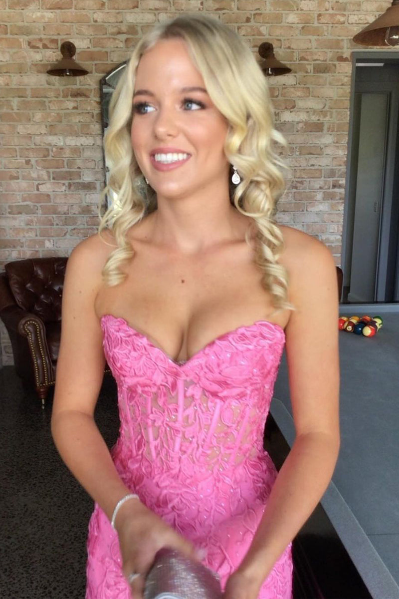 Cute Mermaid Strapless Pink Lace Appliques Long Prom Dress