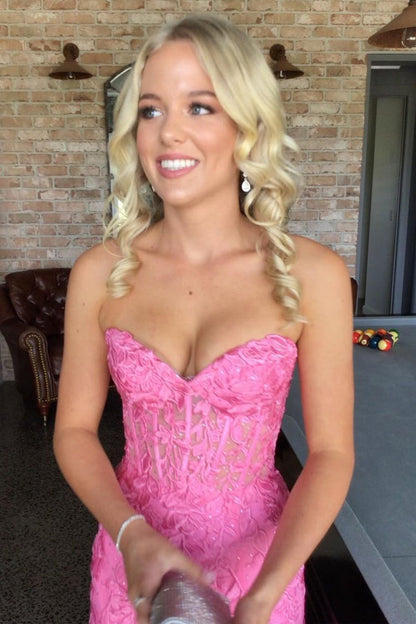 Cute Mermaid Strapless Pink Lace Appliques Long Prom Dress