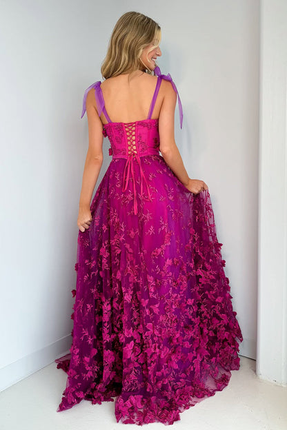 A-Line Sweetheart Purple Lace Long Prom Dresses with Slit