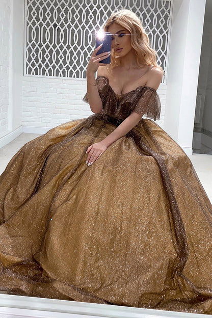 Glitter Off Shoulder Bone Bodice Sequin A Line Evening Gown