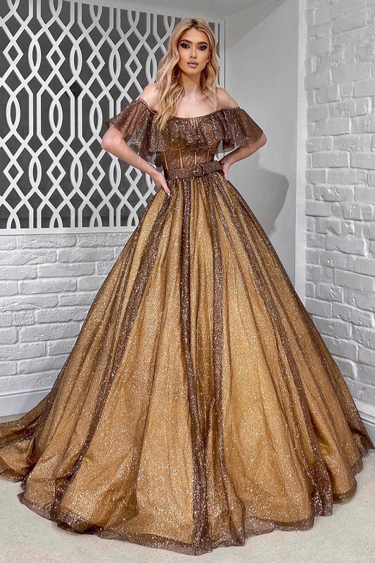 Glitter Off Shoulder Bone Bodice Sequin A Line Evening Gown