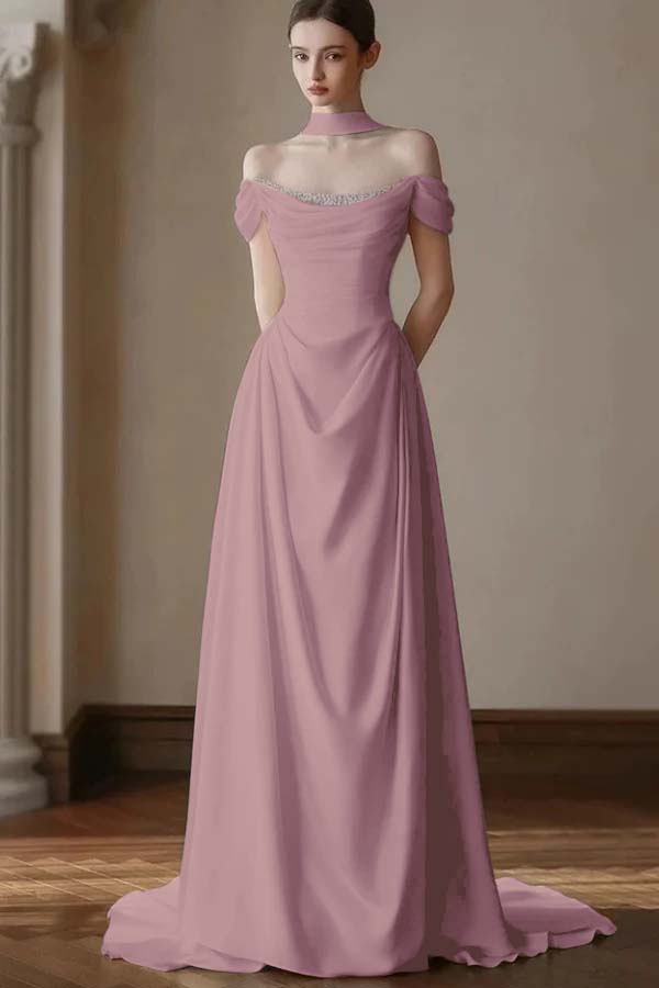 Elegant Off-the-Shoulder Prom Dress Pleated A-Line with Beaded