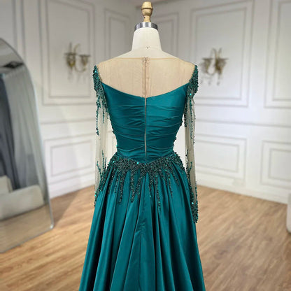 Luxury Dubai Green Mermaid Lace Beaded Satin Evening Dresses Formal Gowns