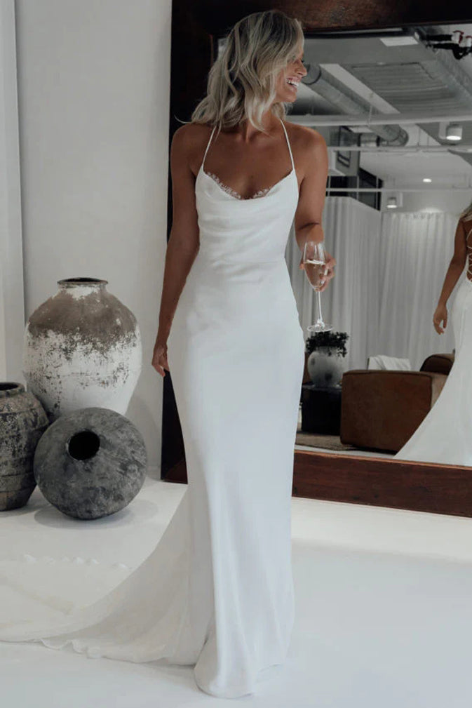White Mermaid Wedding Dresses,Halter Sain Lace Bridal Wedding Gown