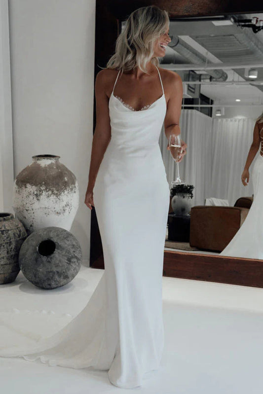 White Mermaid Wedding Dresses,Halter Sain Lace Bridal Wedding Gown