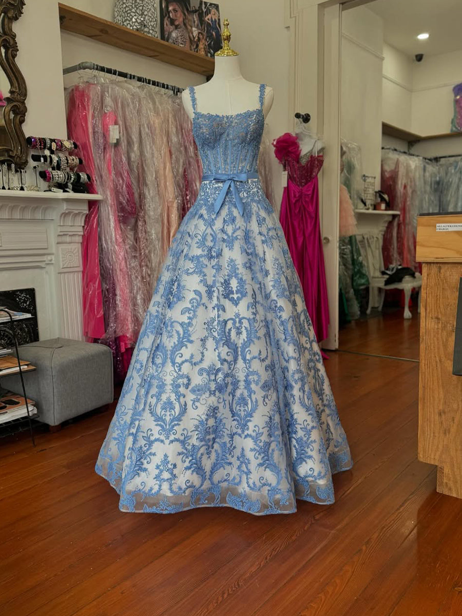 Blue Floral Baroque Lace Corset Long Prom Dress
